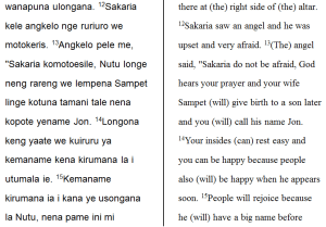 A section of our Luke 1 draft, with the back translation in parallel